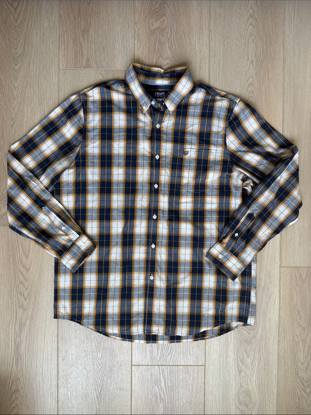 Plaid Button Down Shirt Men's XL Chaps Navy Blue Yellow White Check Long Sleeve